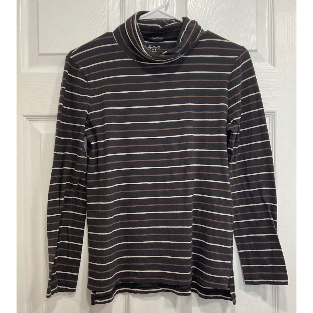 Madewell Womens S Striped Turtleneck Top Charcoal Brown Cream Long Sleeve